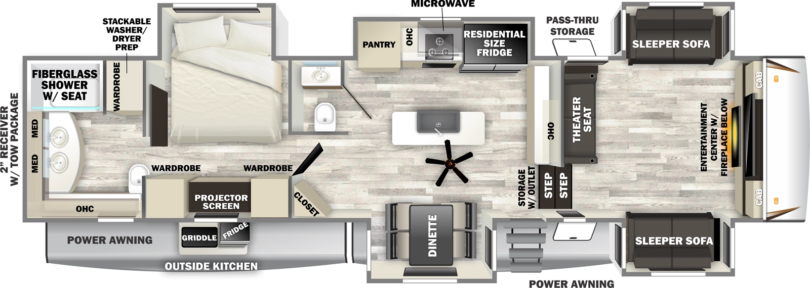 The Sabre 37FLH floorplan has one entry and five slide outs. Exterior features include: fiberglass exterior, 14' & 14' awning and outside kitchen. Interiors features include: kitchen island, free-standing dinette option, front living, rear bathroom and bathroom and a half.